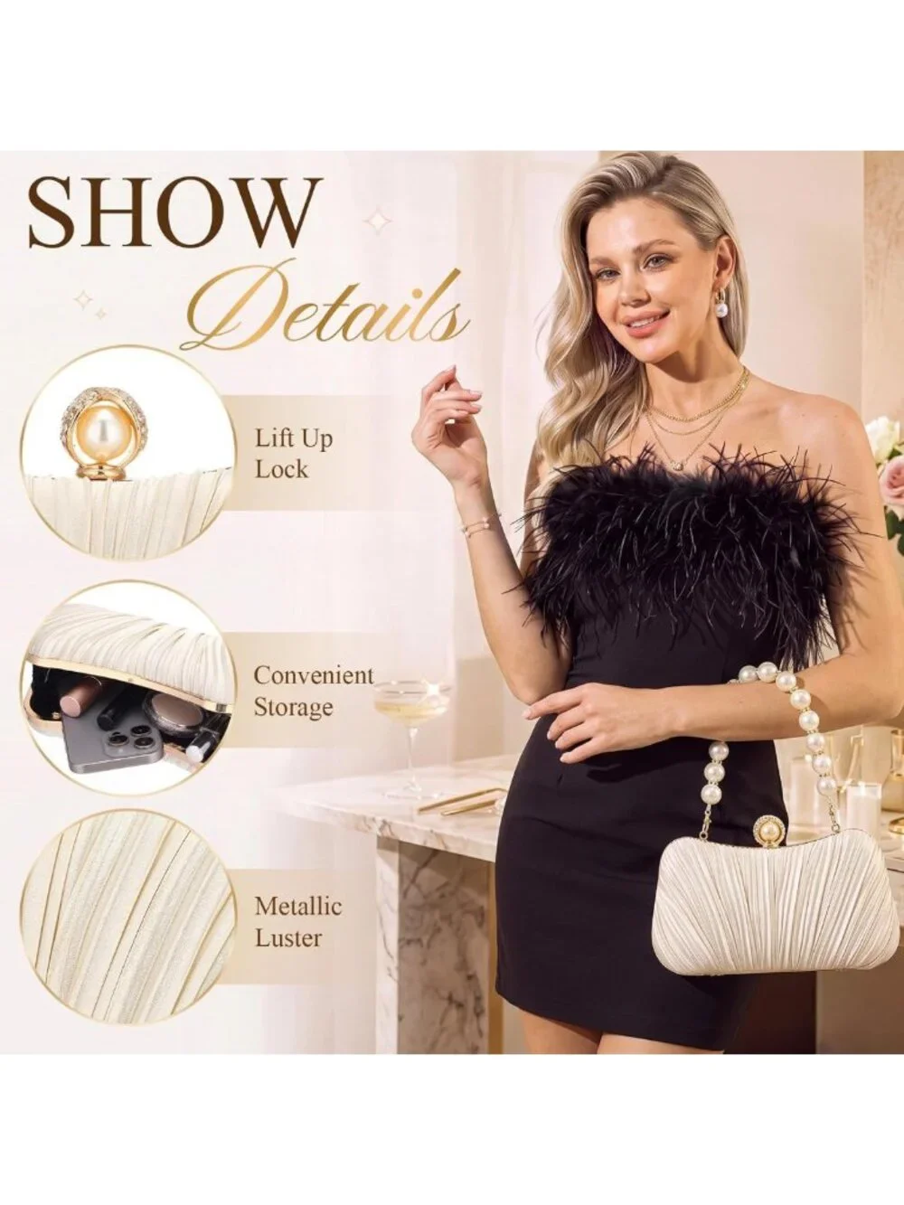 4 Pcs Women's Seashell Evening Clutch Set with Jewelry for Holiday Parties